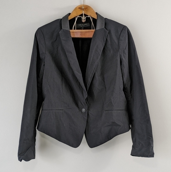 Rag & Bone Jacket Women's 10 Black Blazer Nylon Lamb Leather Collar One Button - Picture 1 of 7